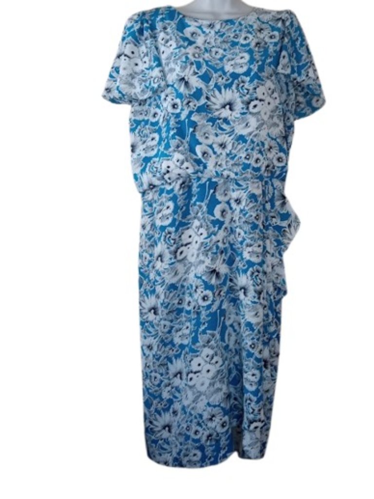 Vintage Bruce Wayne Womens Midi Blouson Dress Blue Floral 12
